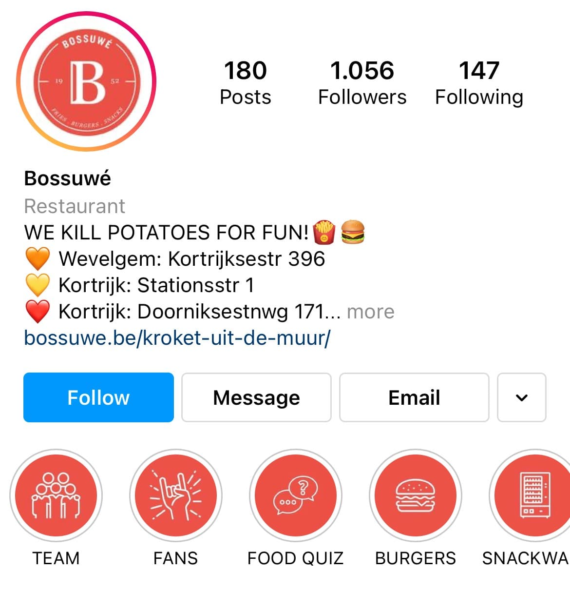 Notre client Bossuwé de Courtrai est un bon exemple de page Instagram dynamique.